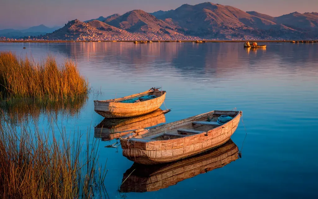 El lago Titicaca al atardecer en Puno, con dos botes de madera entre los totorales y los cerros al fondo
